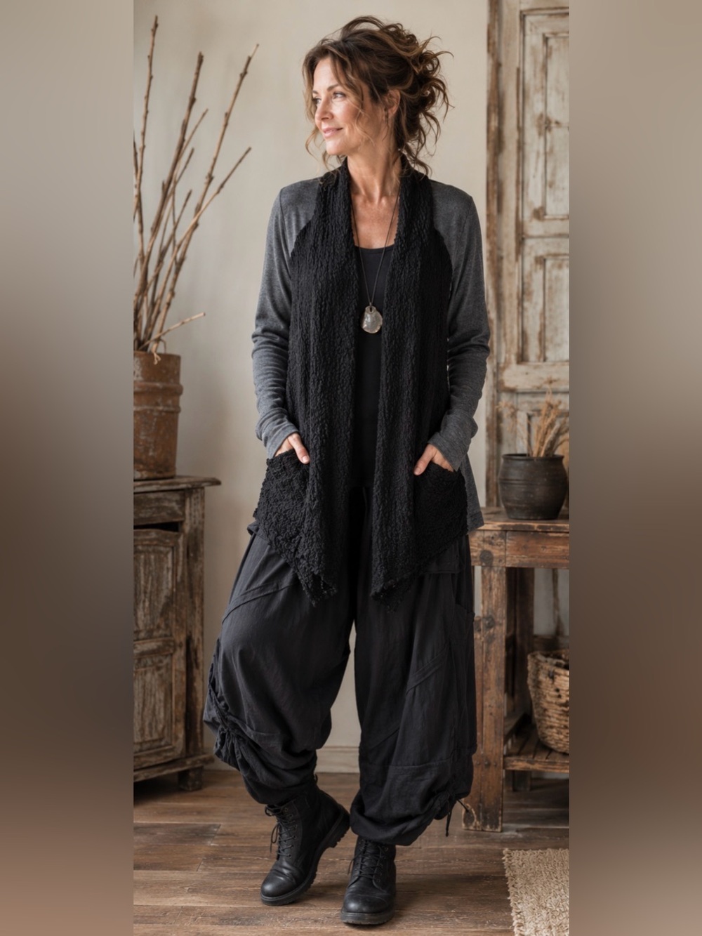 Lucky Lotus Black Gray Waterfall Open Front Mixed Knit Cardigan Sweater Medium